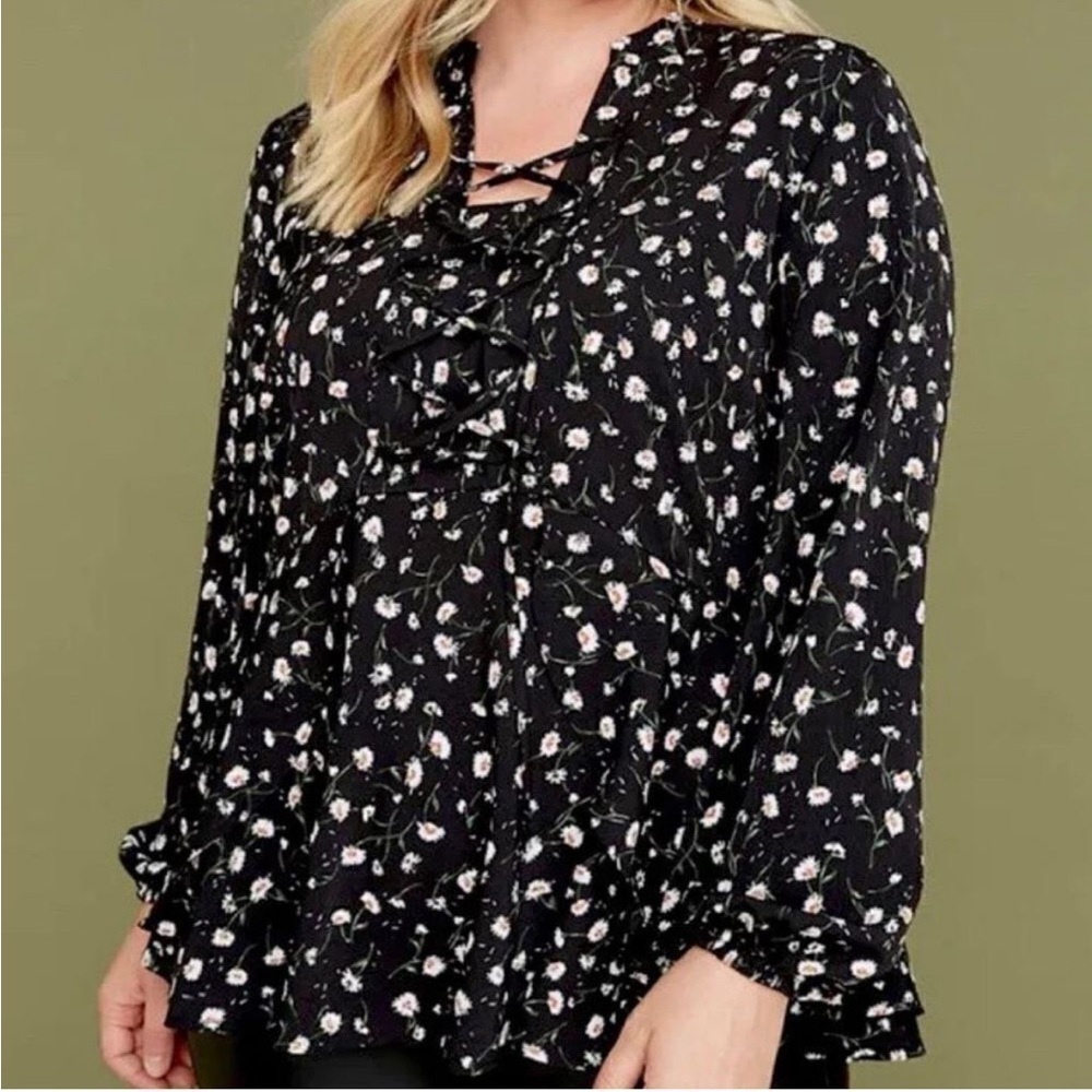 Lane Bryant Womens 14 Black Floral Lace Up Long Sleeve Shirt New